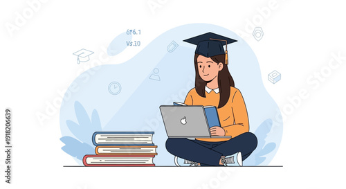 Student with laptop and books in graduation cap on white background