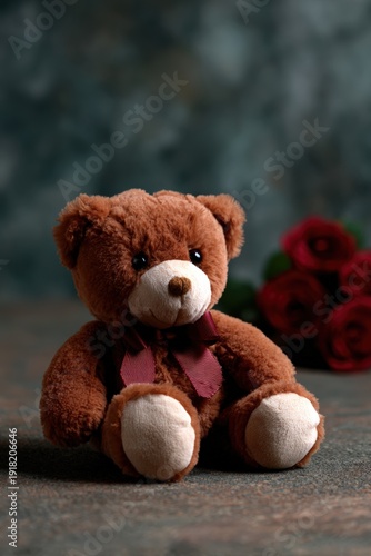 A soft brown teddy bear sits on a textured surface, complemented by red roses in the background, This image can be used for themes of love, comfort