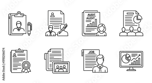 Business and human resources icon set documents charts and people