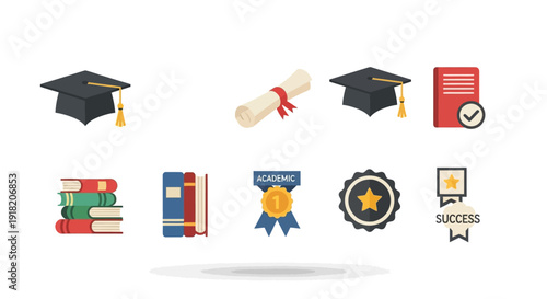 Educational icons representing graduation books and academic achievements on white
