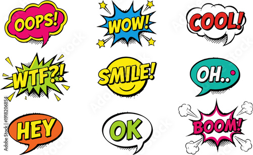 Collection of vibrant retro comic book style speech bubbles featuring varied expressions and onomatopoeia set against a black background for graphic design use