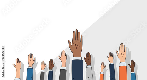 Diverse hands raised in unity against white background vector illustration