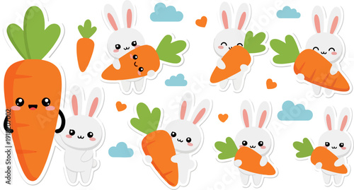 Adorable collection of cute cartoon white bunnies happily hugging and holding large bright orange carrots perfect for springtime illustrations