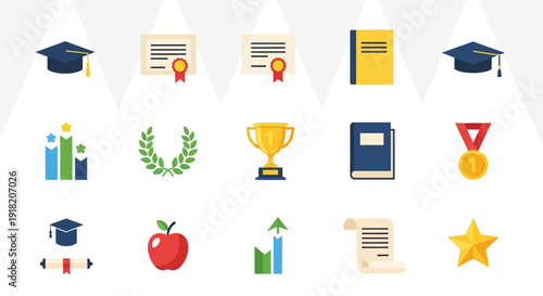 Educational icons graduation caps certificates books trophies and symbols