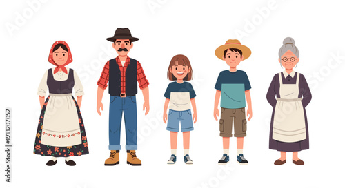 A multi-generational family, featuring parents, two children, and a grandmother, is dressed in traditional European folk costumes, ready for celebration.