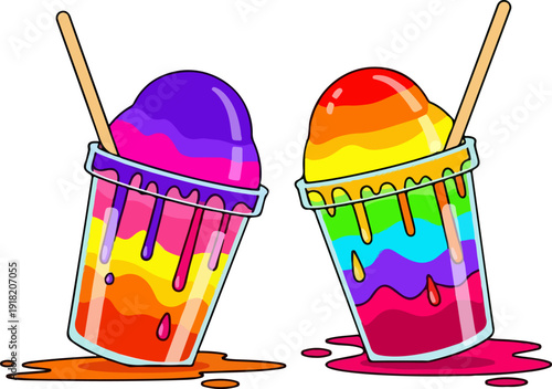 Two colorful rainbow shaved ice drinks with wooden straws stand side by side illustrating a sweet frozen summer treat celebration.