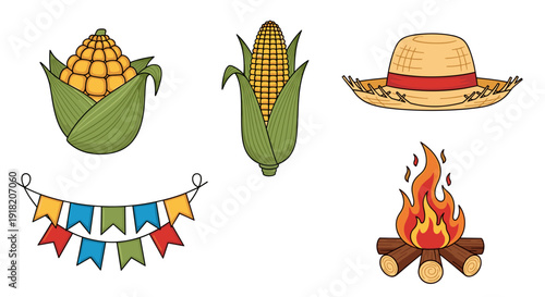 A cheerful assortment of Festa Junina essentials includes two ripe ears of corn, a classic straw hat, a crackling bonfire, and colorful flag bunting.