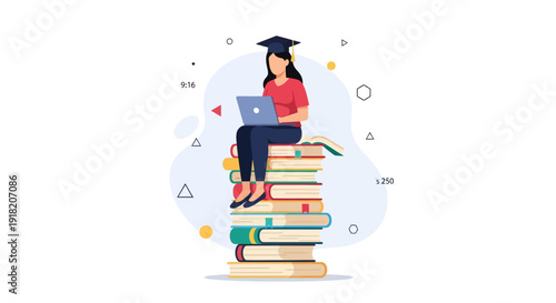 Student with laptop sits atop books in minimalist educational illustration