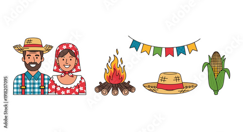 A cheerful couple in traditional country attire is featured with Festa Junina symbols: bonfire, two straw hats, corn, and colorful bunting.