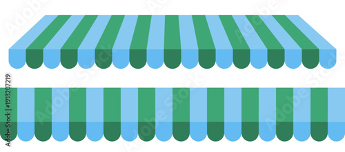 Green and blue striped shop awning. Vector illustration of a vintage store or market canopy isolated on transparent background. Seamless pattern stripes store awning. Vector illustration 