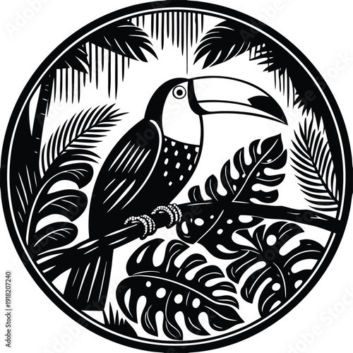 Black and white vector illustration of a toucan in a jungle