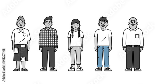 A monochrome line art illustration depicting a multi-generational family, including an older woman, a man, a girl, a boy, and an older man.