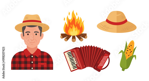 A collection of traditional Festa Junina elements, featuring a smiling farmer, a campfire, two straw hats, a red accordion, and fresh corn.