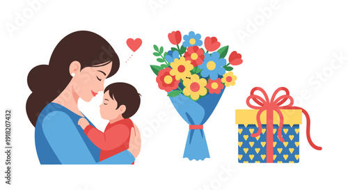 A heartwarming illustration of a loving mother embracing her baby, alongside a vibrant bouquet of flowers and a beautifully wrapped present.