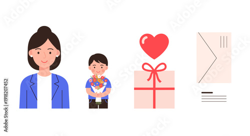 A thoughtful collection of Mother's Day or appreciation elements, featuring a woman, a young boy, a red heart, a gift, and a love letter.
