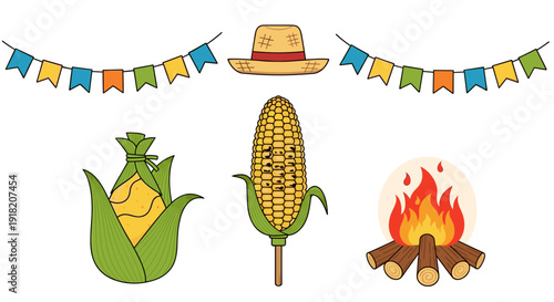 A cheerful collection of Festa Junina elements, featuring colorful flags, a straw hat, two fresh corn cobs, and a warm campfire.