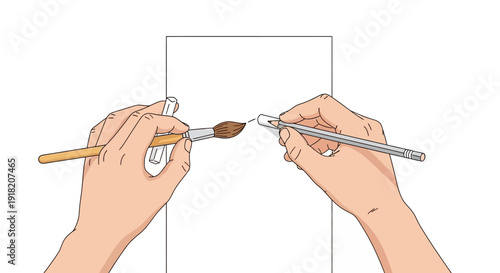 Hands holding brush and pencil over blank paper for art and creativity