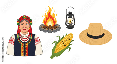 A captivating collection of traditional cultural elements, featuring a woman in folk attire, a campfire, a vintage lantern, a fresh corn cob, and a straw hat.
