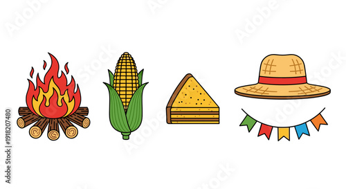 A delightful arrangement of Festa Junina elements, featuring a glowing campfire, fresh corn, a slice of corn cake, a straw hat, and colorful flags.