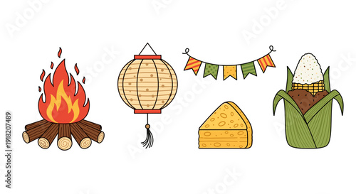A vibrant collection of traditional Brazilian Festa Junina celebration elements features a bonfire, paper lantern, cornbread slice, and corn on the cob.