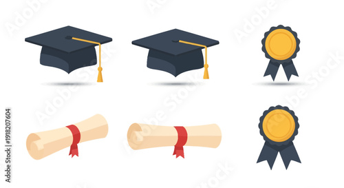Graduation caps diplomas and achievement badges illustration on white background