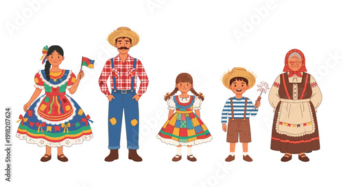 A joyous multi-generational family proudly celebrates a Brazilian Festa Junina, dressed in vibrant traditional costumes and holding decorative flags.