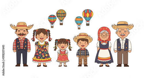 A cheerful multi-generational family enjoys a lively Brazilian Festa Junina, complete with traditional costumes and festive hot air balloons floating above.
