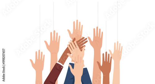 Diverse hands raised high in support or solidarity on white background