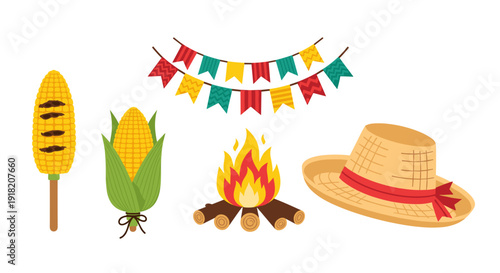 Essential Festa Junina symbols arranged together, featuring grilled corn on a stick, fresh corn on the cob, a crackling campfire, a rustic straw hat, and colorful celebratory banners.