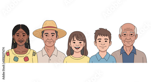 A diverse and multi-generational group of five individuals, including women, men, and children, representing a family unit with varying ages and ethnic backgrounds.
