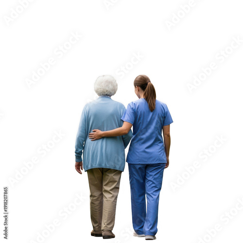 Nurse assisting elderly woman walking isolated on transparent background