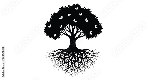 A stylized black tree with fluttering butterflies amidst its leafy canopy