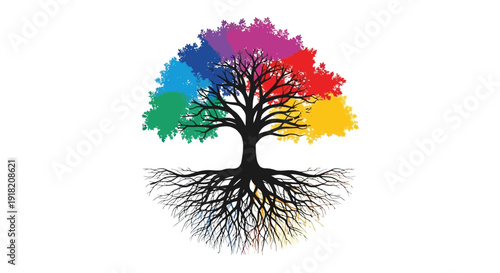 Colorful tree with a black silhouette and detailed root system
