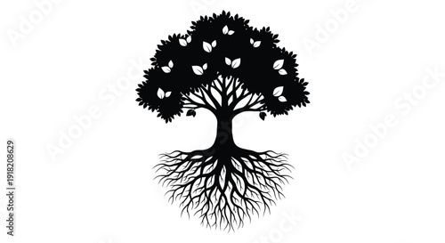 A black silhouette of a tree with butterflies among its branches