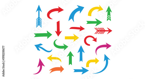 Colorful arrows pointing in various directions on a white background