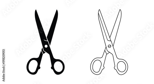 Two pairs of scissors one black one white depicted in a simple line style