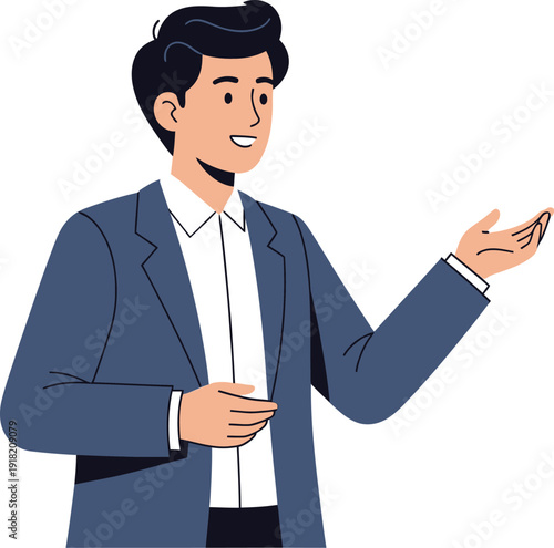 Confident Businessman Presenting Gesture Vector Illustration, Professional Male Character Explaining Idea with Hand Expression in Modern Corporate Style Design