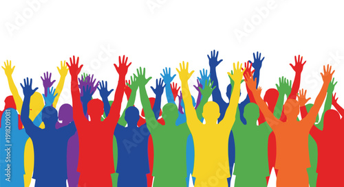 Colorful silhouettes of raised hands representing unity and celebration