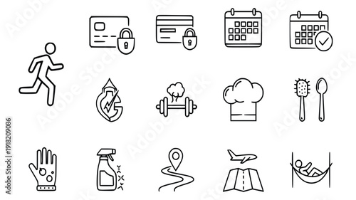 Collection of simple line icons representing various lifestyle and wellness concepts including fitness, travel, and personal care on a clean white background for easy integration into digital designs.