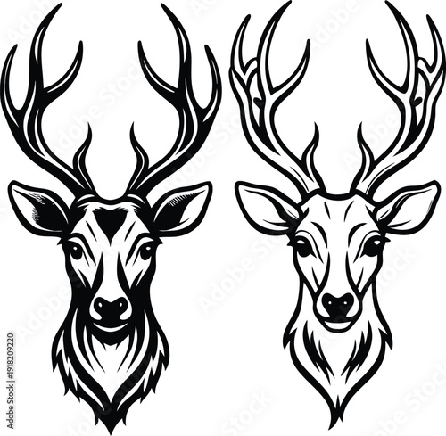 Two majestic deer heads facing forward in a symmetrical black and white illustration.