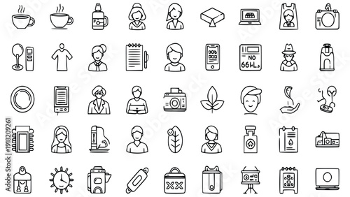 Collection of black line icons featuring various objects and people on a white background showcasing diverse themes and simple design elements.
