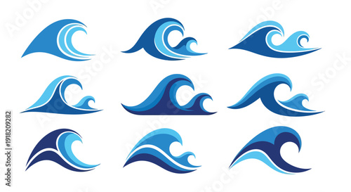 Stylized blue waves in various curving shapes and formations
