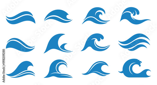 Collection of stylized blue wave shapes arranged in a grid pattern