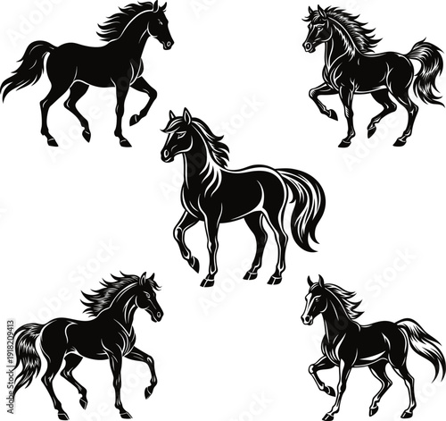 Five dynamic silhouettes of galloping horses in varying poses