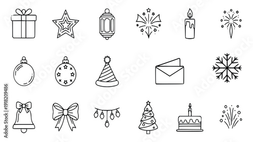 Collection of simple black line icons for christmas and celebration on a white background perfect for holiday greetings and festivities