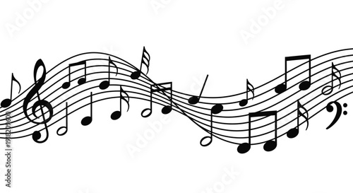 Flowing musical notes and staff create a dynamic rhythmic composition