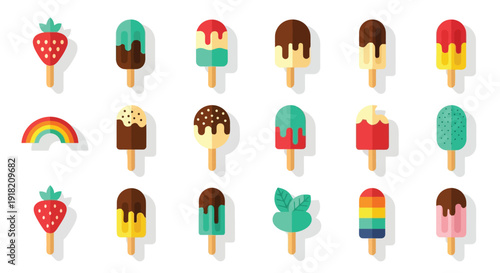 Colorful flat lay of various sweet treats including popsicles and fruit