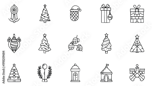Collection of simple black line christmas icons featuring trees, ornaments, and festive decorations on a white background for holiday design projects and celebrations.