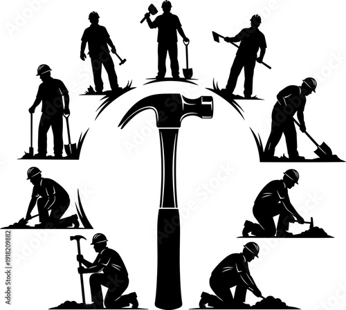 Construction worker silhouettes, manual labor icons, builders with tools, industrial workforce illustration, diverse construction activities, safety helmets, vocational training, skilled labor design