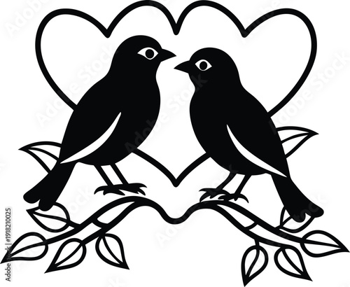 Two birds perched on a branch beneath intertwined hearts symbolizing love and companionship